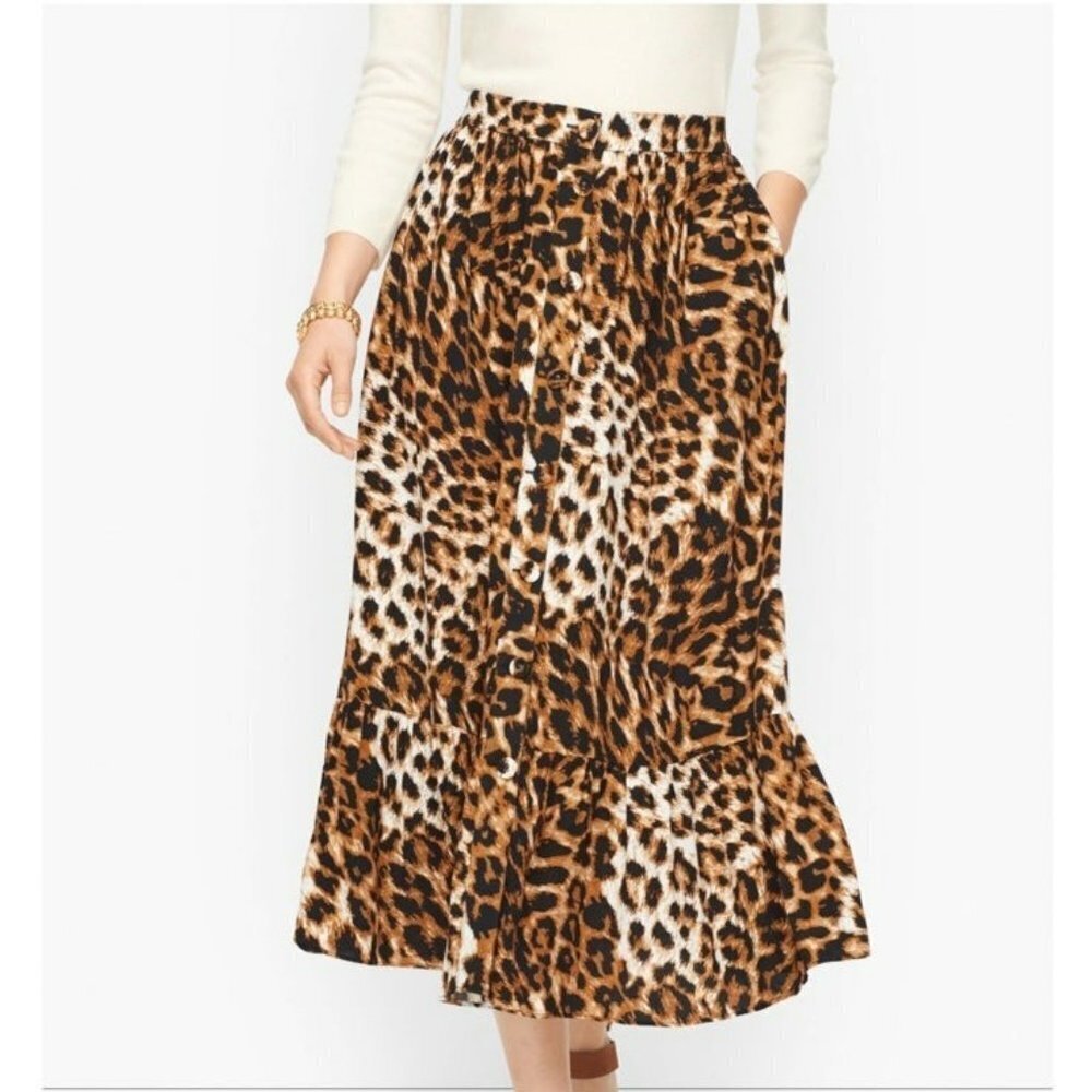 Talbots Button Front Midi Skirt Animal Print Leopard Print SZ L